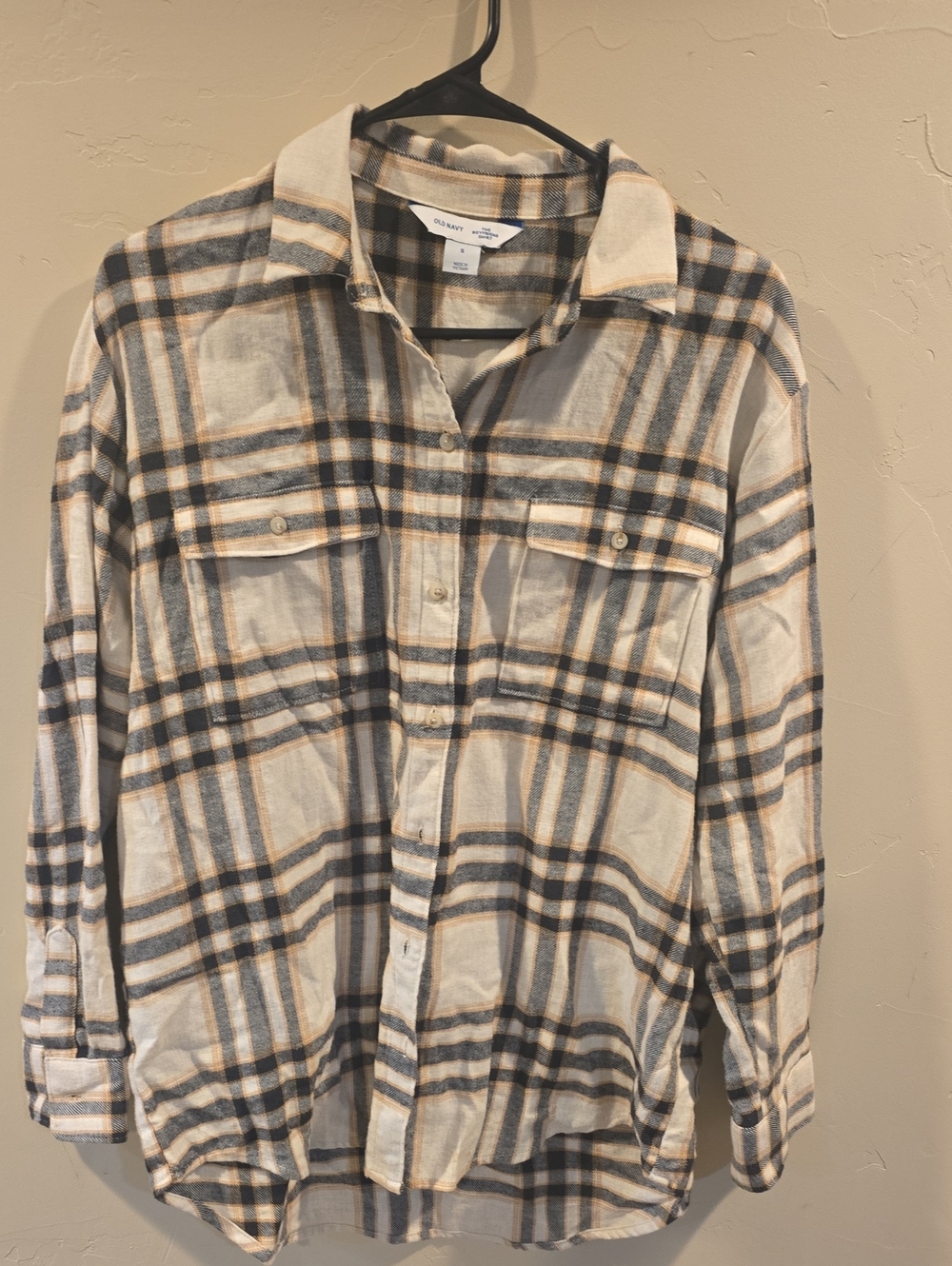 Old Navy Casual Plaid Button-Up Shirt - Cream & Gray